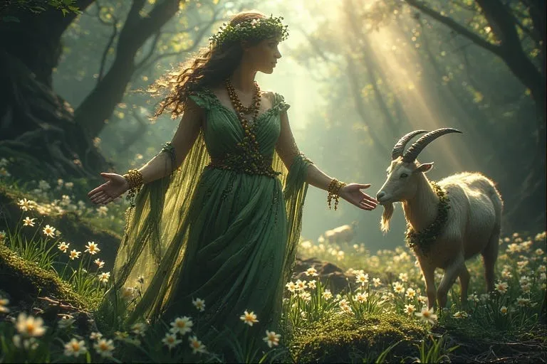 Ilustração de uma mulher de vestido verde e coroa de folhas num bosque iluminado, estendendo a mão para uma cabra