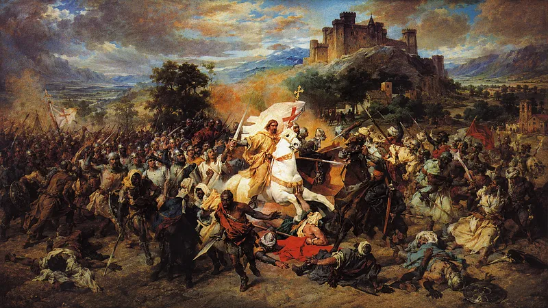 Pintura de Santiago num cavalo branco, de espada em punho, na Batalha de Clavijo