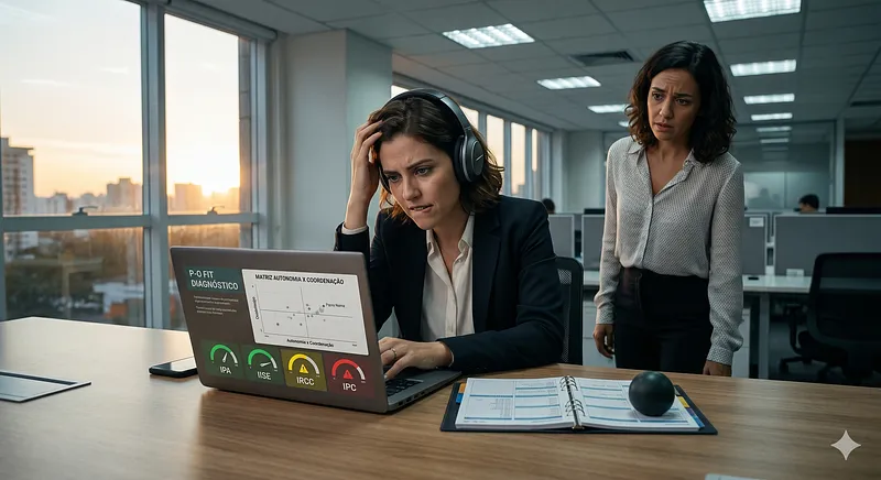 Mulher de fones de ouvido, com a mão na cabeça e expressão de preocupação, diante de um notebook com um diagnóstico P-O Fit que mostra a matriz Autonomia x Coordenação e quatro medidores: IPA, IISE, IRCC e IPC; atrás dela, uma colega observa a tela