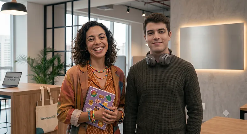 Uma mulher sorridente de cabelos cacheados, com roupas coloridas e um caderno cheio de adesivos, ao lado de um jovem de suéter com fones de ouvido no pescoço, num escritório moderno com um kit de boas-vindas sobre a mesa