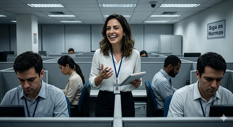 Escritório de baias cinzentas com uma placa “Siga as Normas”; no centro, uma mulher sorridente se destaca enquanto os colegas trabalham cabisbaixos em seus computadores