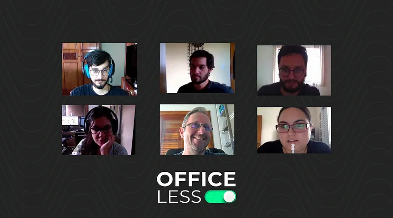 Seis membros do time do Ateliê de Software em uma videochamada, cada um em sua casa, com o selo “Office Less” abaixo