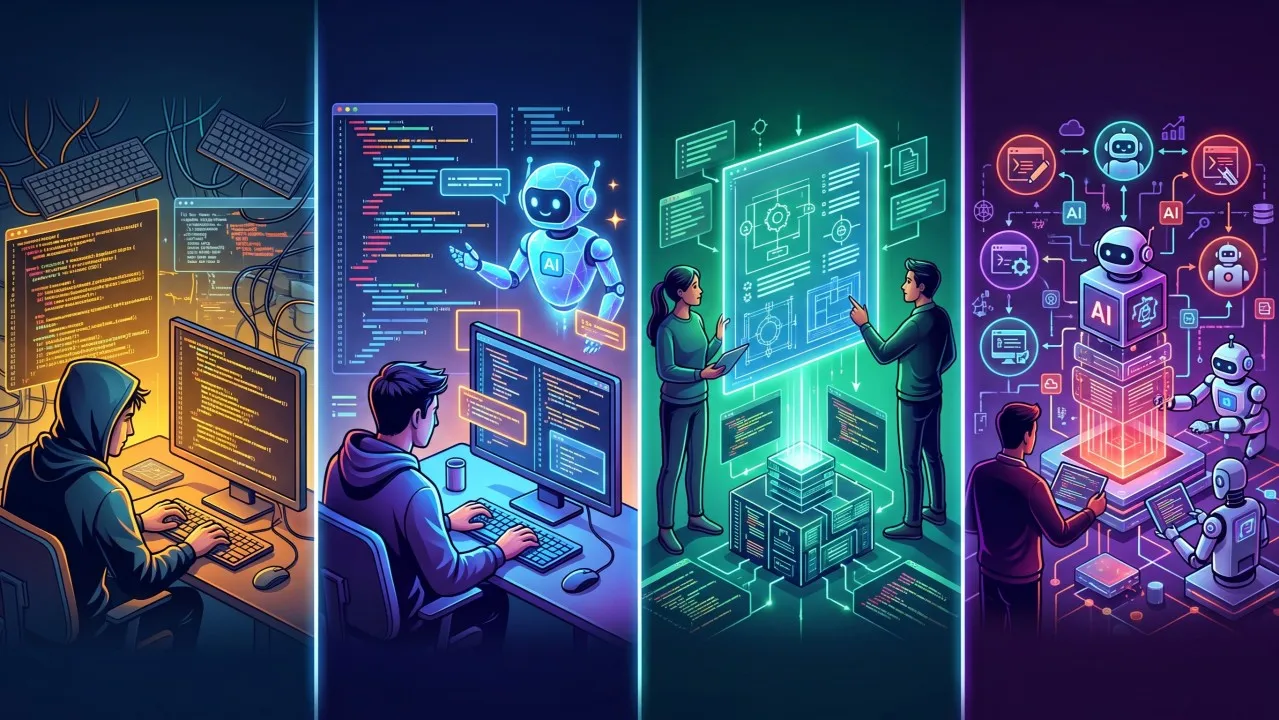 Quatro ilustrações lado a lado, uma para cada modo de trabalho: um desenvolvedor sozinho entre fios emaranhados, um desenvolvedor com um robô assistente no editor, duas pessoas definindo especificações numa tela holográfica e uma pessoa supervisionando uma fábrica de agentes de IA