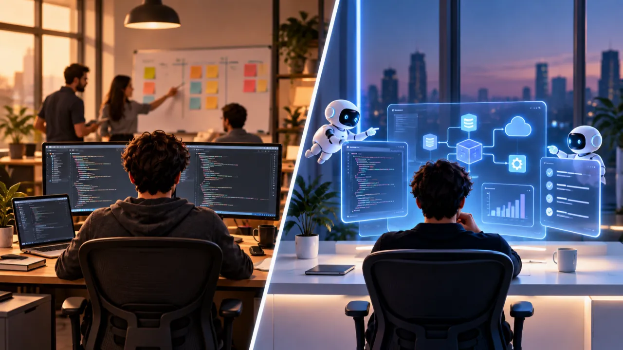 À esquerda, um desenvolvedor de costas diante de dois monitores com código, num escritório onde a equipe conversa em frente a um quadro de post-its; à direita, o mesmo desenvolvedor diante de painéis holográficos com diagramas, gráficos e listas de verificação, ladeado por dois pequenos robôs