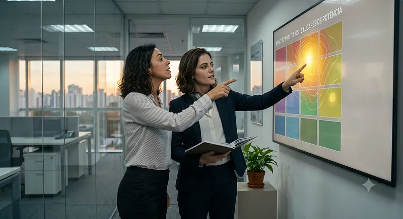 Duas mulheres em um escritório apontam para um painel na parede com o título “A Matriz P-O Fit e os 16 Lugares de Potência”, uma grade colorida com zonas de calor