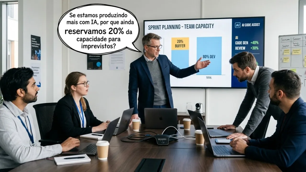 Em uma reunião de planejamento de sprint, um executivo aponta para a tela com 20% de buffer e 80% de desenvolvimento e pergunta, num balão de fala: "Se estamos produzindo mais com IA, por que ainda reservamos 20% da capacidade para imprevistos?"