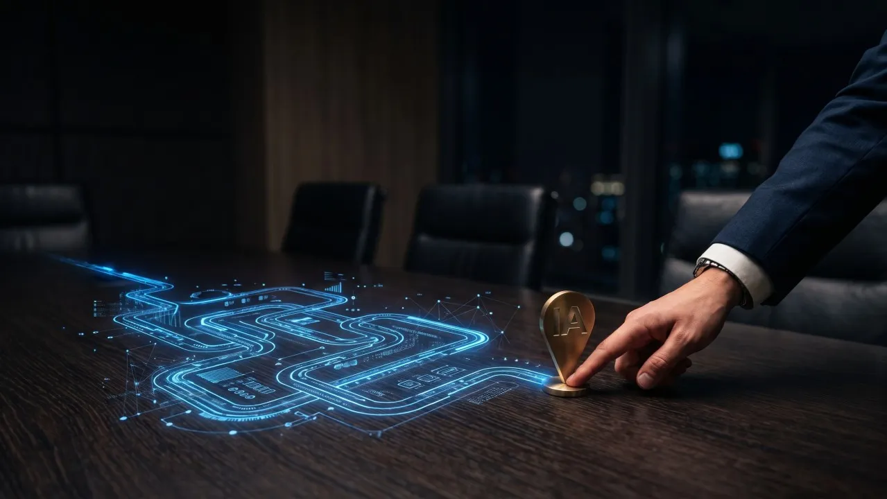 Sobre uma mesa escura de sala de reunião, um caminho de luz azul serpenteia até um marcador dourado de mapa com as letras IA, que a mão de um executivo de terno posiciona