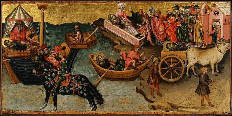 Painel medieval com a barca do apóstolo, o cavaleiro de cavalo coberto de conchas e o corpo levado num carro de bois