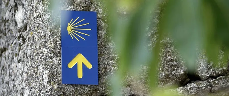 Placa azul com a concha de vieira amarela e uma seta amarela, presa num muro de pedra do Caminho de Santiago