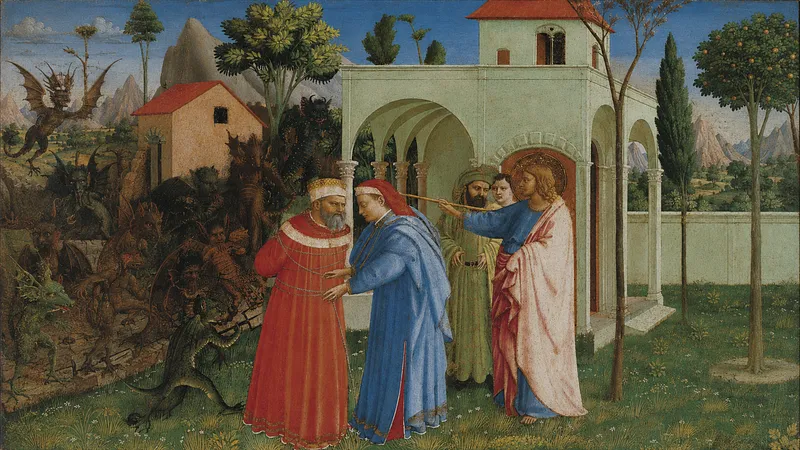Pintura de Fra Angelico com São Tiago Maior libertando o mago Hermógenes