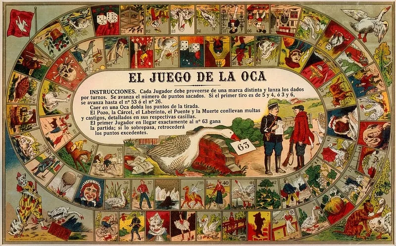 Tabuleiro antigo do Juego de la Oca, com casas numeradas em espiral e um grande ganso no centro