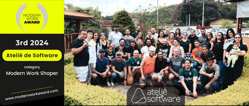 À esquerda, o selo do Modern Work Award com “3rd 2024”, “Ateliê de Software” e a categoria Modern Work Shaper; à direita, foto da equipe do Ateliê de Software reunida ao ar livre