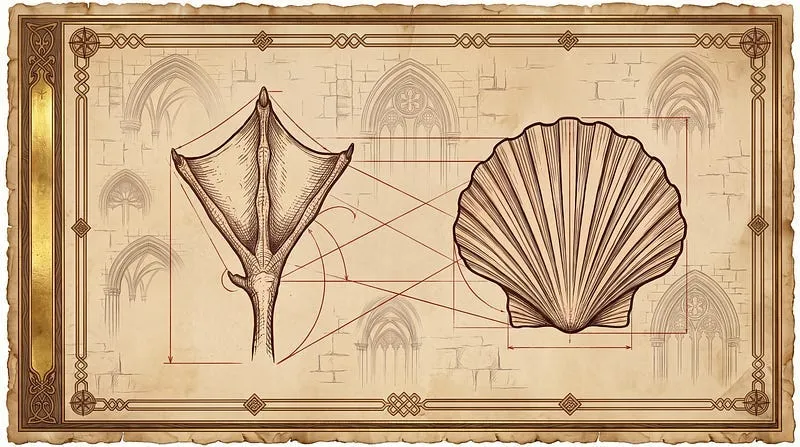 Desenho que compara a pata de um ganso e uma concha de vieira, com linhas de proporção entre as duas