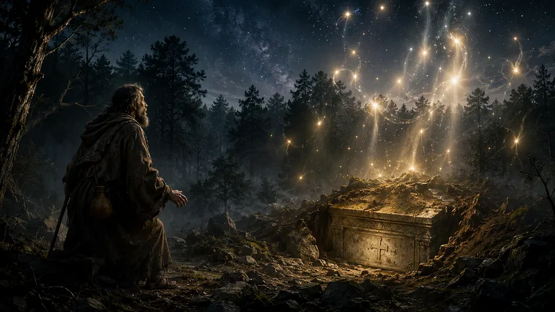 Ilustração de um eremita ajoelhado à noite num bosque diante de um sepulcro de pedra iluminado por luzes que caem do céu