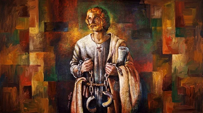 Pintura de um homem barbado segurando correntes abertas e um pergaminho, representando o bispo Prisciliano
