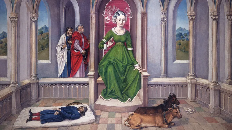 Pintura da rainha Lupa no trono, com dois discípulos ao fundo, o corpo do apóstolo deitado no chão e dois bois