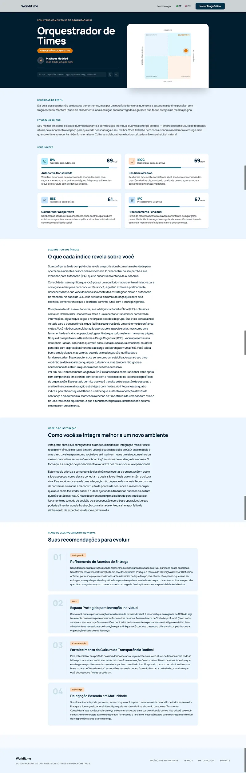 Exemplo de relatório do Workfit.me para o perfil “Orquestrador de Times”, no quadrante Autogestão Colaborativa, com as pontuações dos quatro índices, a descrição do perfil, o modelo de integração a um novo ambiente e quatro recomendações de desenvolvimento