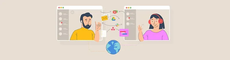 Ilustração de duas pessoas trabalhando em computadores distantes, conectadas por ferramentas de trabalho remoto e por um globo terrestre