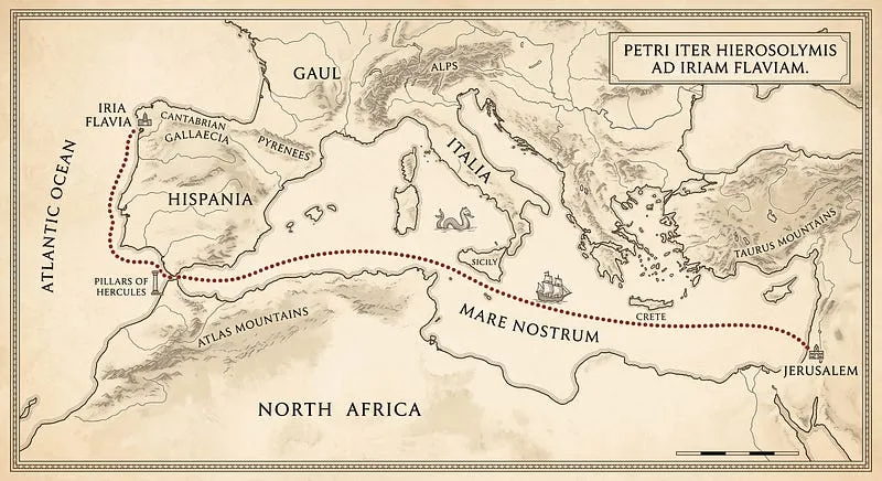 Mapa antigo do Mediterrâneo com a rota pontilhada da barca, da Terra Santa até Iria Flavia