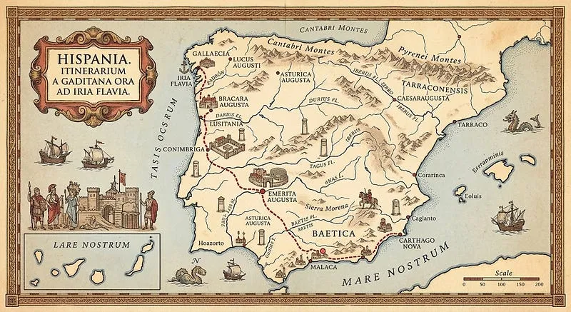 Mapa antigo da Hispânia com a possível rota de Tiago, do sul da Península até Iria Flávia