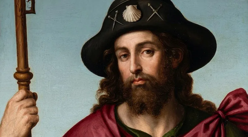Retrato de Santiago peregrino de chapéu com uma concha de vieira e bordão, pintado por Juan de Juanes