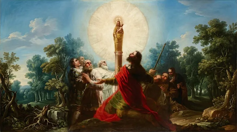 Pintura de Goya com o apóstolo Tiago e seus discípulos ajoelhados diante da Virgem sobre uma coluna